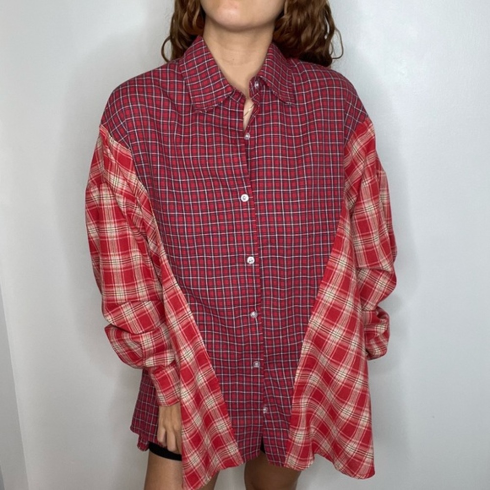 iask Oversized two-tone contrast plaid button down shirt